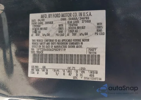 2002 Ford Ranger Edge/Xlt из США, поврежденный, VIN 1FTZR45E62PB29119